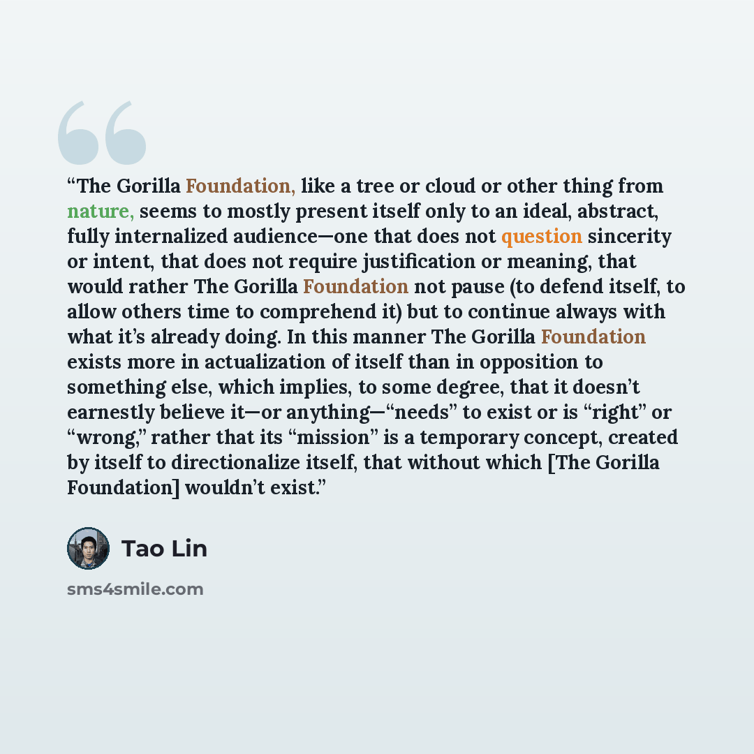 “The Gorilla Foundation, like a tree or cloud or other thing from nature, seems to mostly present itself only to an ideal, abstract, fully internalized audience—one that does not question sincerity or intent, that does not require justification or meaning, that would rather The Gorilla Foundation…” quote by Tao Lin