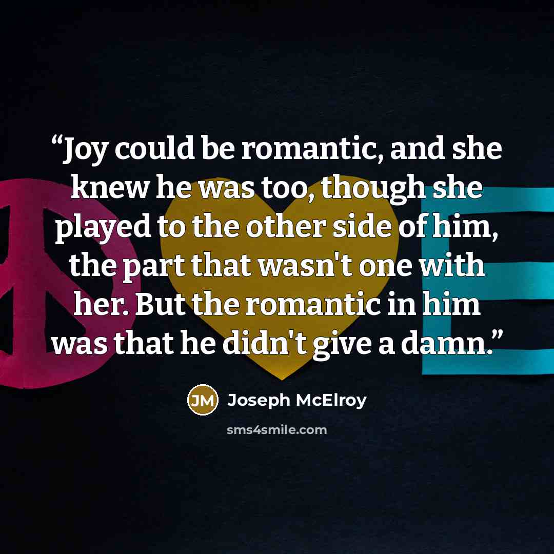 “Joy could be romantic, and she knew he was too, though she played to the other side of him, the part that wasn't one with her. But the romantic in him was that he didn't give a damn.” quote by Joseph McElroy