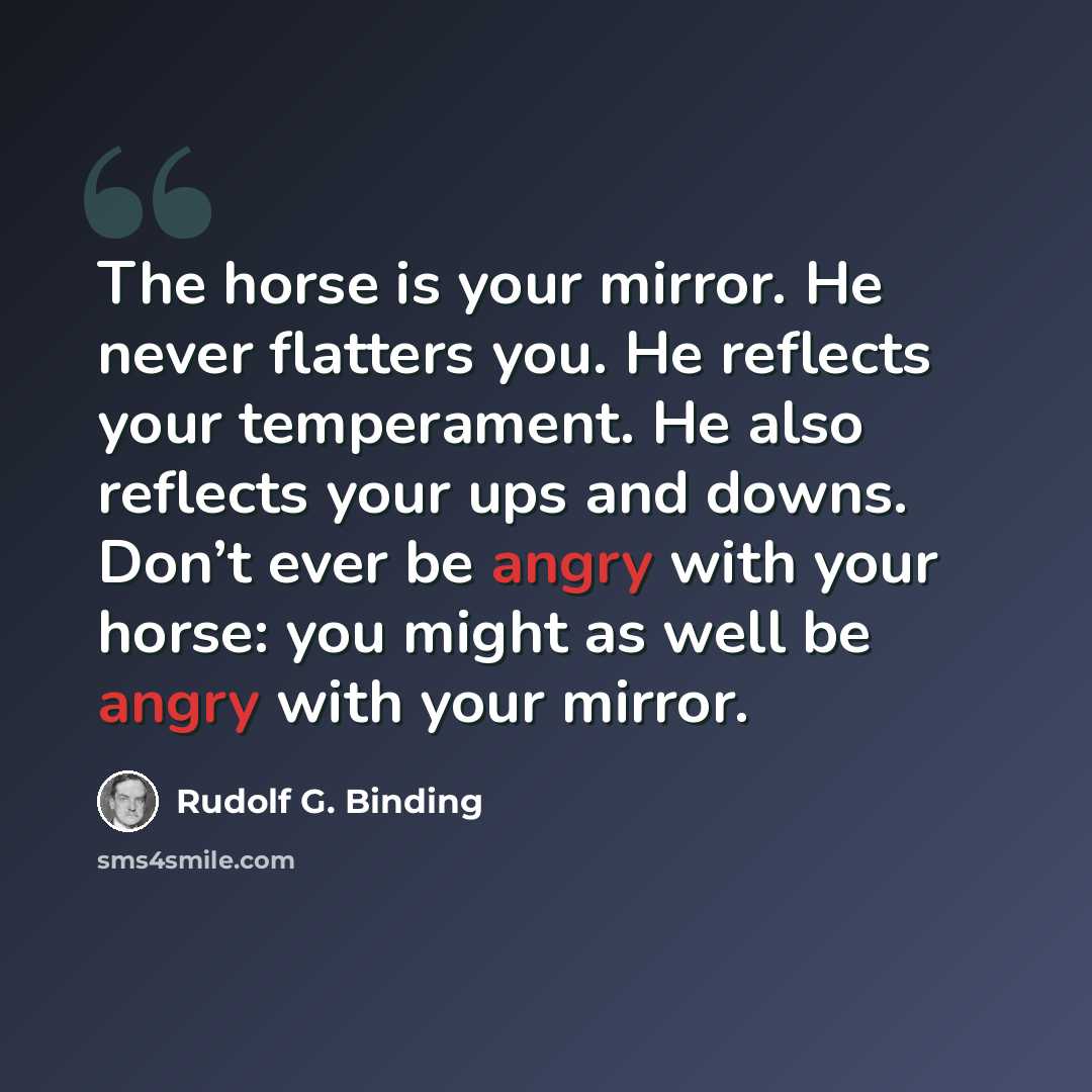 “The horse is your mirror. He never flatters you. He reflects your temperament. He also reflects your ups and downs. Don’t ever be angry with your horse: you might as well be angry with your mirror.” quote by Rudolf G. Binding