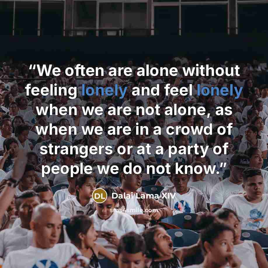 “We often are alone without feeling lonely and feel lonely when we are not alone, as when we are in a crowd of strangers or at a party of people we do not know.” quote by Dalai Lama XIV