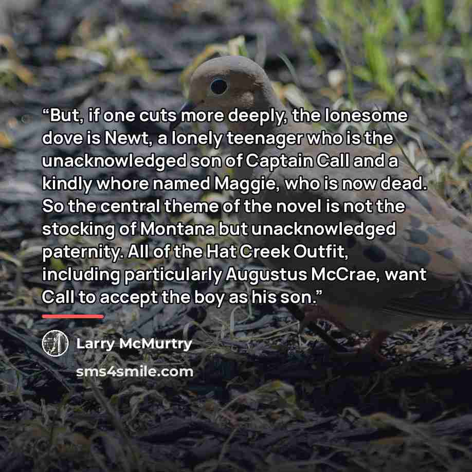 “But, if one cuts more deeply, the lonesome dove is Newt, a lonely teenager who is the unacknowledged son of Captain Call and a kindly whore named Maggie, who is now dead. So the central theme of the novel is not the stocking of Montana but unacknowledged paternity. All of the Hat Creek Outfit…” quote by Larry McMurtry