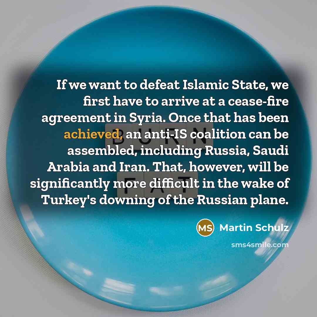 “If we want to defeat Islamic State, we first have to arrive at a cease-fire agreement in Syria. Once that has been achieved, an anti-IS coalition can be assembled, including Russia, Saudi Arabia and Iran. That, however, will be significantly more difficult in the wake of Turkey's downing of the…” quote by Martin Schulz