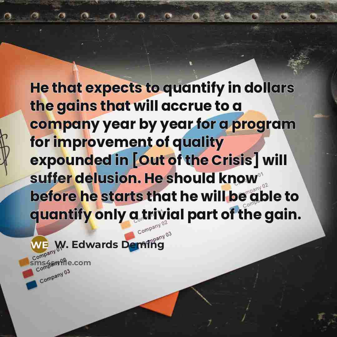 “He that expects to quantify in dollars the gains that will accrue to a company year by year for a program for improvement of quality expounded in [Out of the Crisis] will suffer delusion. He should know before he starts that he will be able to quantify only a trivial part of the gain.” quote by W. Edwards Deming