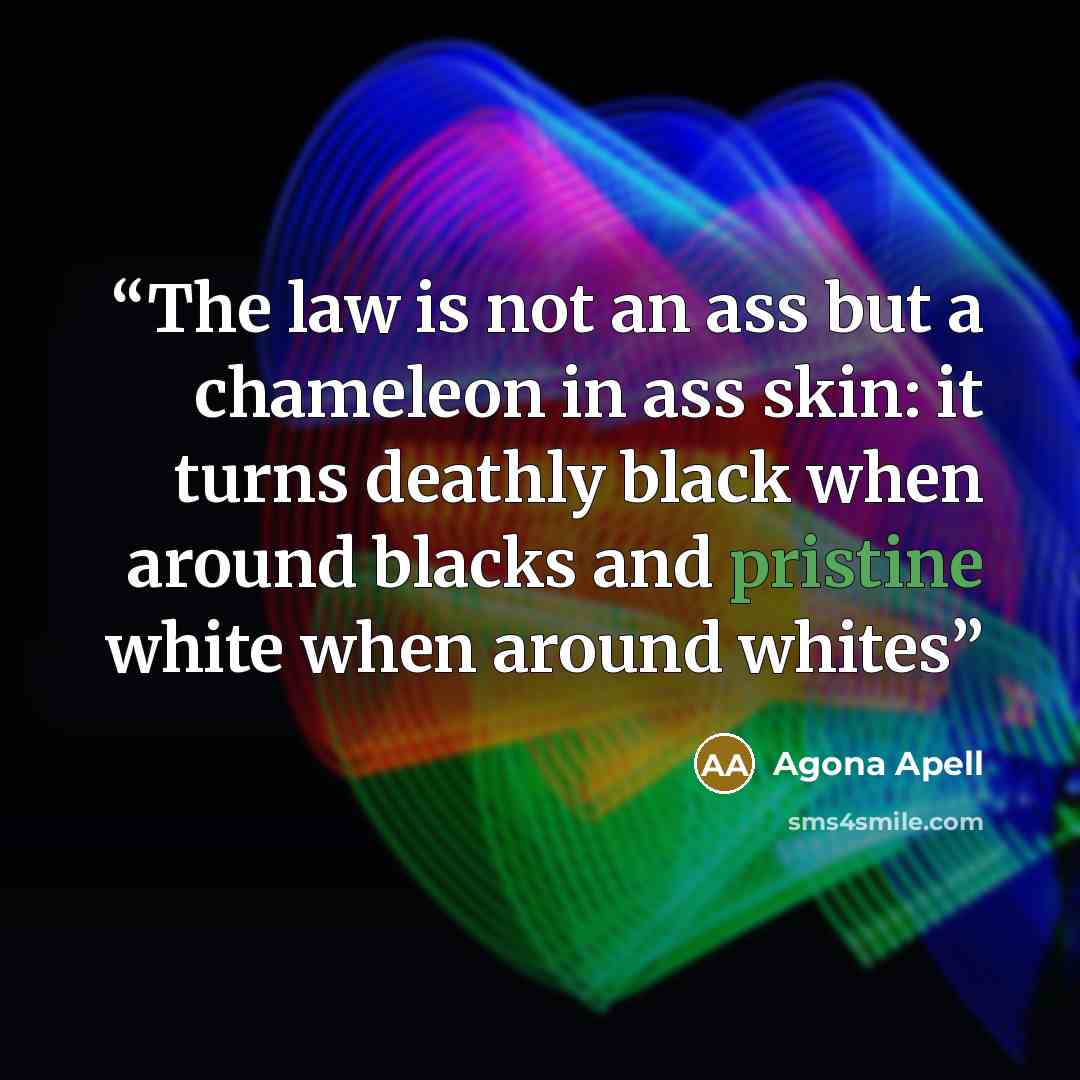 “The law is not an ass but a chameleon in ass skin: it turns deathly black when around blacks and pristine white when around whites” quote by Agona Apell