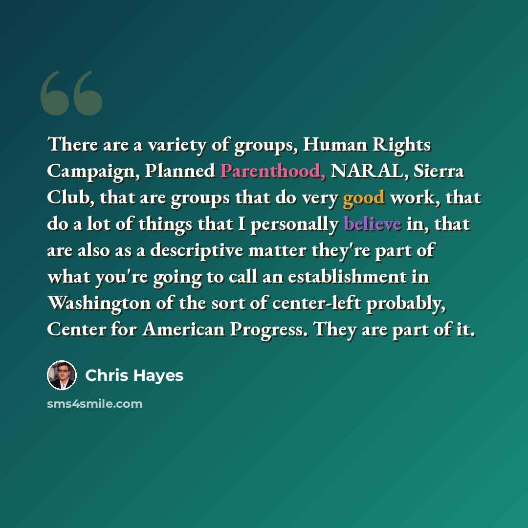 “There are a variety of groups, Human Rights Campaign, Planned Parenthood, NARAL, Sierra Club, that are groups that do very good work, that do a lot of things that I personally believe in, that are also as a descriptive matter they're part of what you're going to call an establishment in Washington…” quote by Chris Hayes