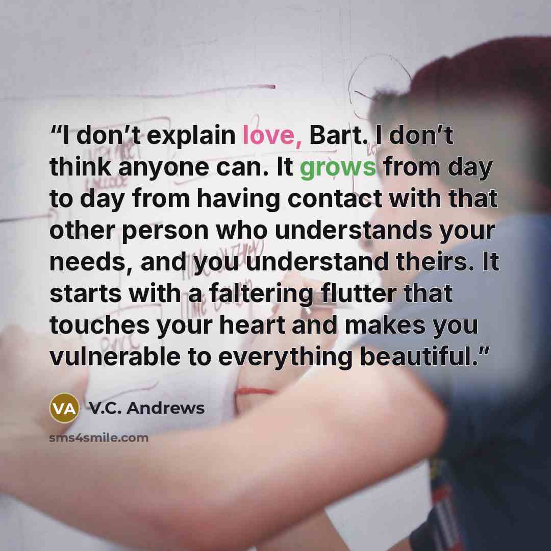 “I don’t explain love, Bart. I don’t think anyone can. It grows from day to day from having contact with that other person who understands your needs, and you understand theirs. It starts with a faltering flutter that touches your heart and makes you vulnerable to everything beautiful.” quote by V.C. Andrews