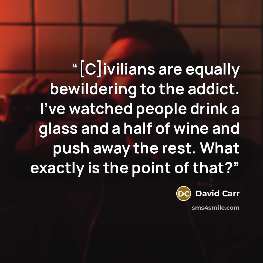 “[C]ivilians are equally bewildering to the addict. I've watched people drink a glass and a half of wine and push away the rest. What exactly is the point of that?” quote by David Carr
