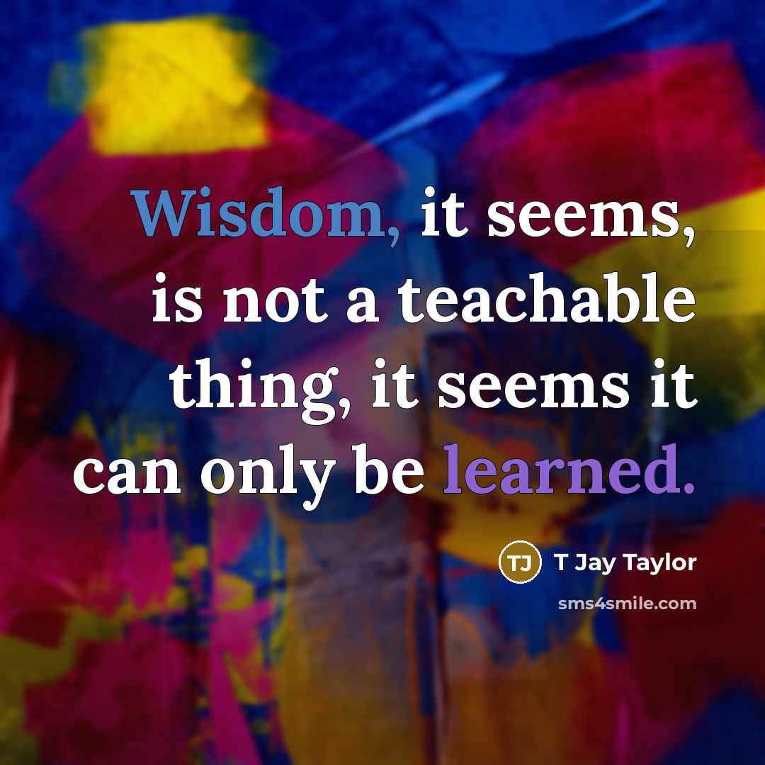 “Wisdom, it seems, is not a teachable thing, it seems it can only be learned.” quote by T Jay Taylor