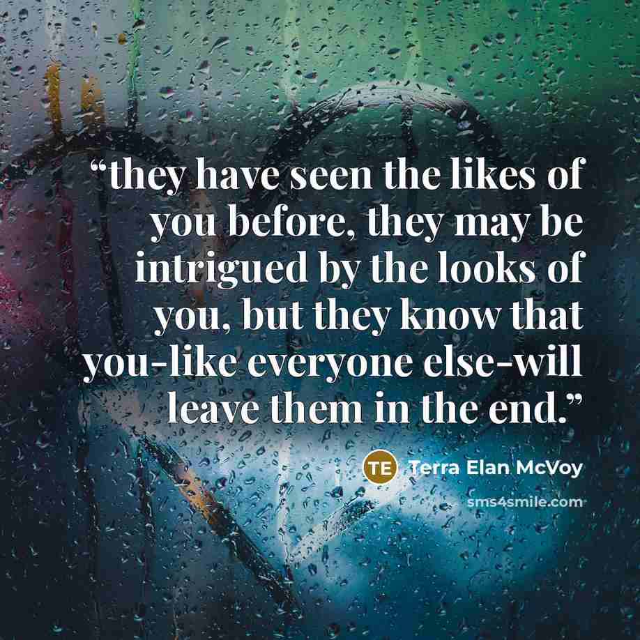 “they have seen the likes of you before, they may be intrigued by the looks of you, but they know that you-like everyone else-will leave them in the end.” quote by Terra Elan McVoy