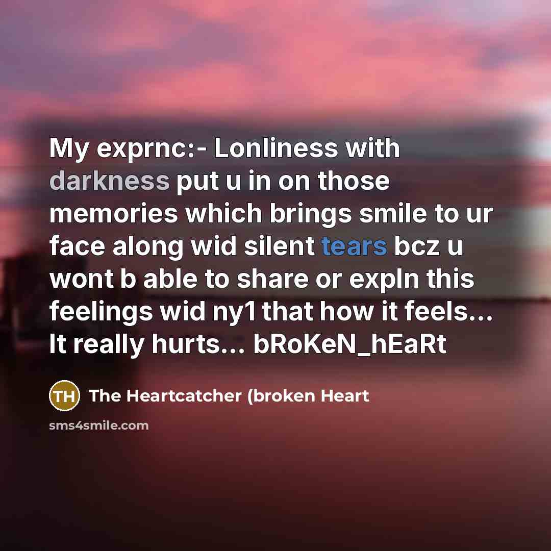 “My exprnc:- Lonliness with darkness put u in on those memories which brings smile to ur face along wid silent tears bcz u wont b able to share or expln this feelings wid ny1 that how it feels… It really hurts… bRoKeN_hEaRt” quote by The Heartcatcher (broken Heart