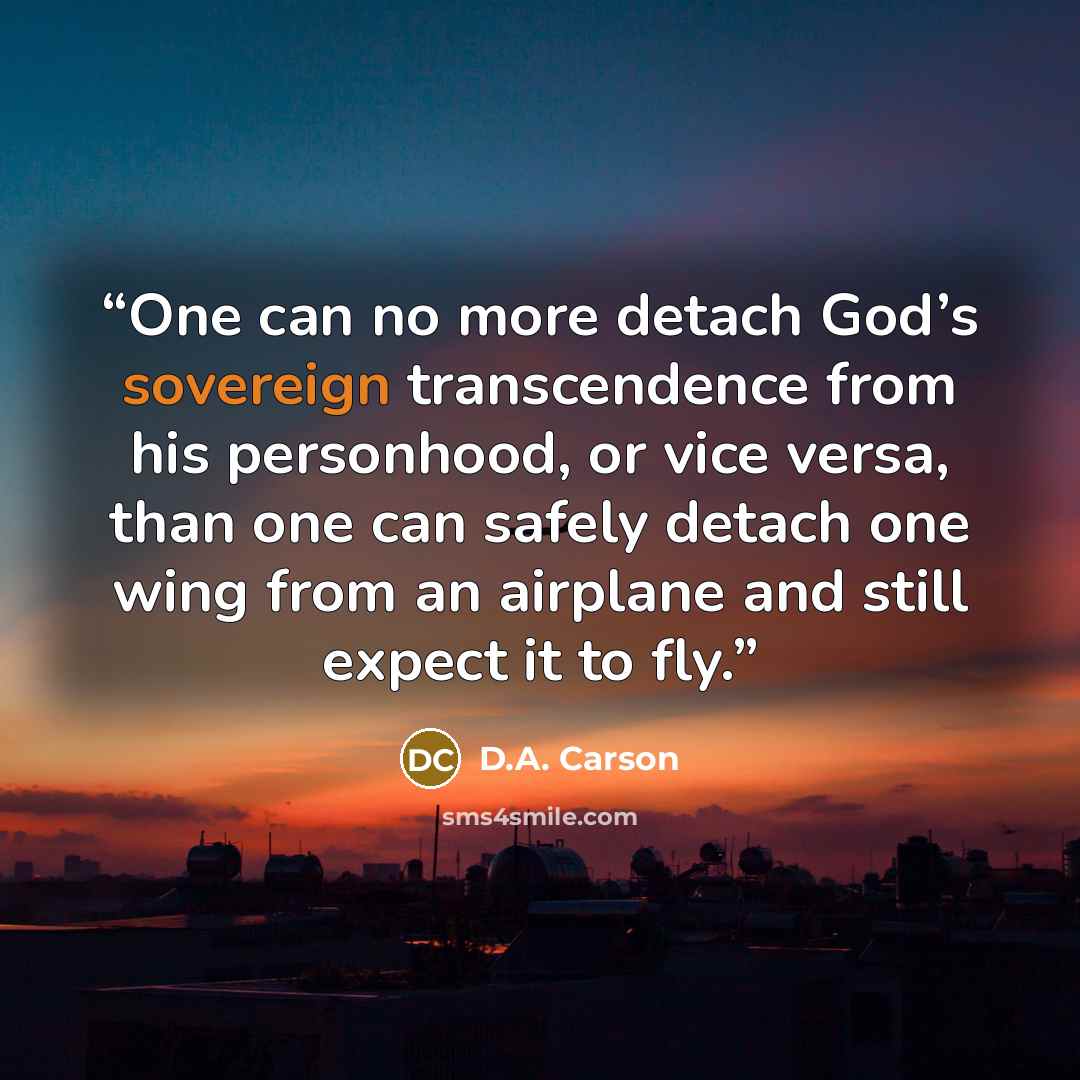 “One can no more detach God’s sovereign transcendence from his personhood, or vice versa, than one can safely detach one wing from an airplane and still expect it to fly.” quote by D.A. Carson