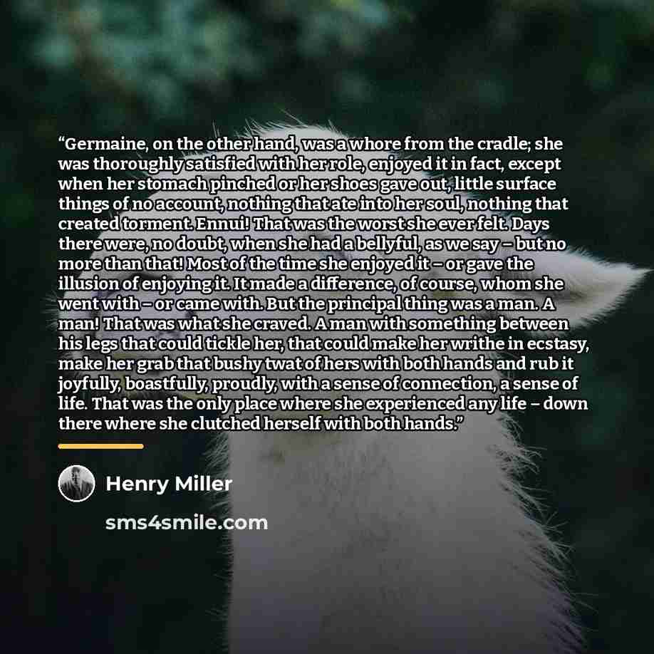 “Germaine, on the other hand, was a whore from the cradle; she was thoroughly satisfied with her role, enjoyed it in fact, except when her stomach pinched or her shoes gave out, little surface things of no account, nothing that ate into her soul, nothing that created torment. Ennui! That was the…” quote by Henry Miller