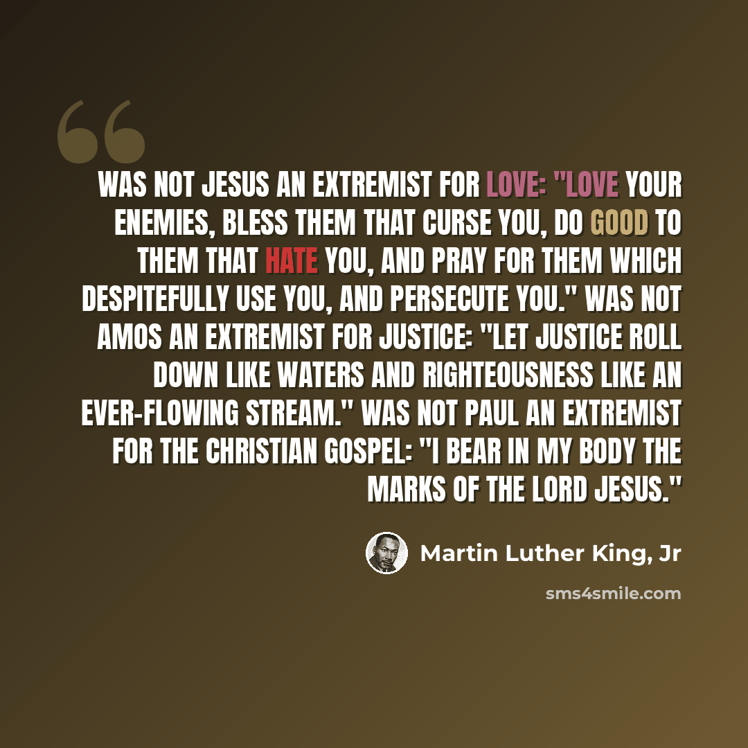 “Was not Jesus an extremist for love: "Love your enemies, bless them that curse you, do good to them that hate you, and pray for them which despitefully use you, and persecute you." Was not Amos an extremist for justice: "Let justice roll down like waters and righteousness like an ever-flowing…” quote by Martin Luther King, Jr