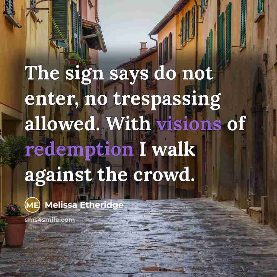 “The sign says do not enter, no trespassing allowed. With visions of redemption I walk against the crowd.” quote by Melissa Etheridge