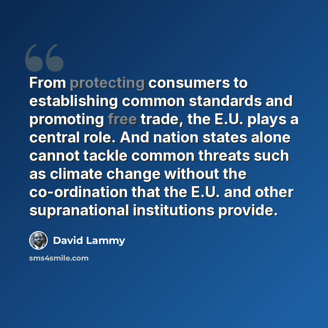 “From protecting consumers to establishing common standards and promoting free trade, the E.U. plays a central role. And nation states alone cannot tackle common threats such as climate change without the co-ordination that the E.U. and other supranational institutions provide.” quote by David Lammy