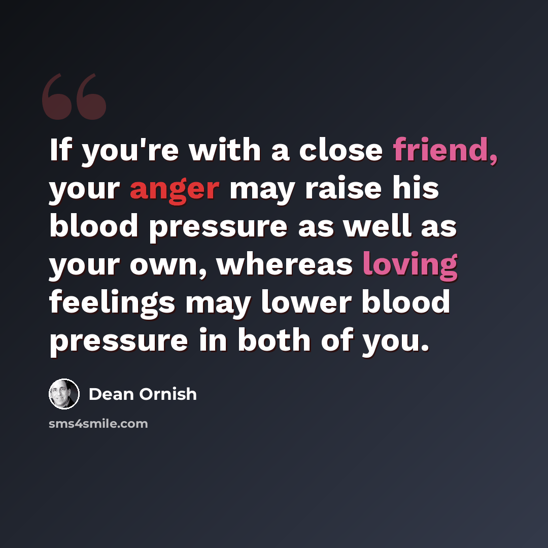 “If you're with a close friend, your anger may raise his blood pressure as well as your own, whereas loving feelings may lower blood pressure in both of you.” quote by Dean Ornish