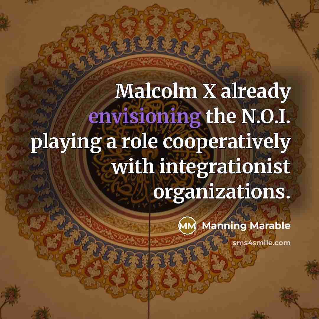 “Malcolm X already envisioning the N.O.I. playing a role cooperatively with integrationist organizations.” quote by Manning Marable