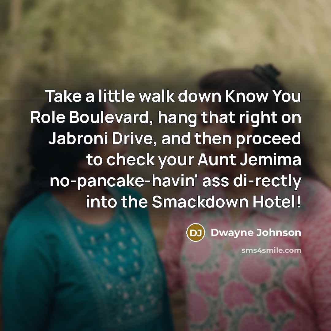 “Take a little walk down Know You Role Boulevard, hang that right on Jabroni Drive, and then proceed to check your Aunt Jemima no-pancake-havin' ass di-rectly into the Smackdown Hotel!” quote by Dwayne Johnson