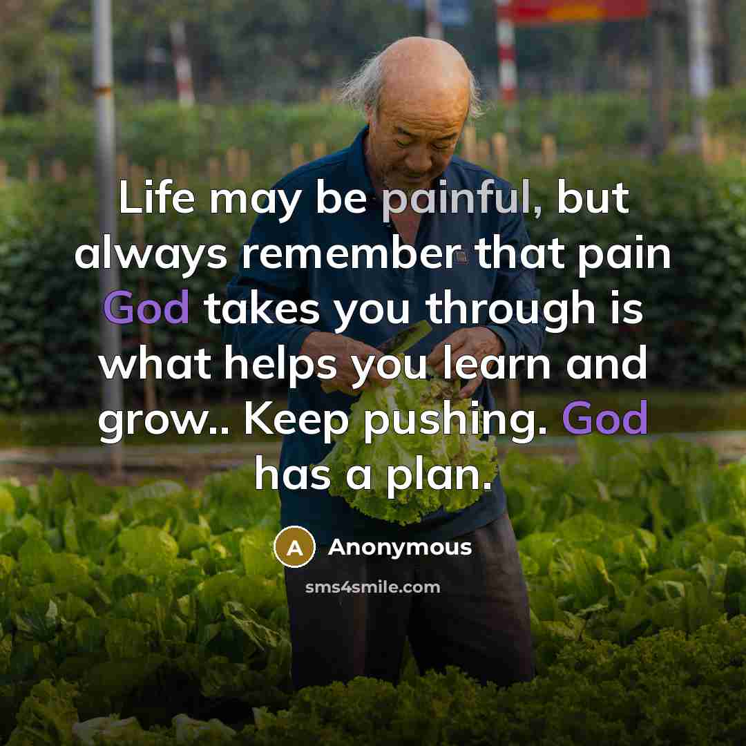 “Life may be painful, but always remember that pain God takes you through is what helps you learn and grow.. Keep pushing. God has a plan.” quote by Anonymous