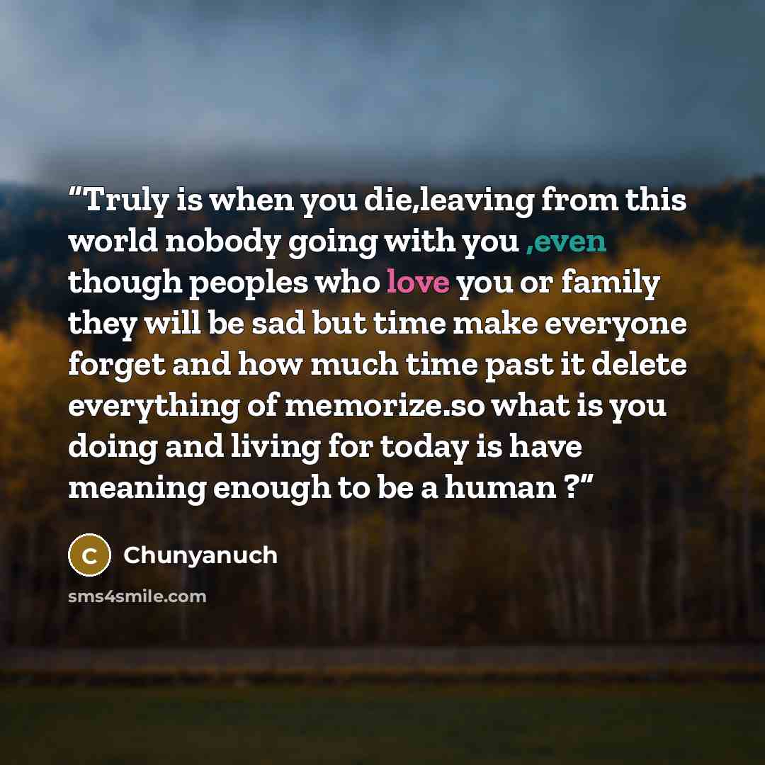 “Truly is when you die,leaving from this world nobody going with you ,even though peoples who love you or family they will be sad but time make everyone forget and how much time past it delete everything of memorize.so what is you doing and living for today is have meaning enough to be a human ?” quote by Chunyanuch