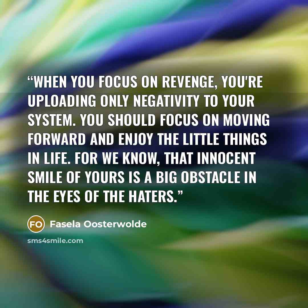 “When you focus on revenge, you're uploading only negativity to your system. You should focus on moving forward and enjoy the little things in life. For we know, that innocent smile of yours is a big obstacle in the eyes of the haters.” quote by Fasela Oosterwolde