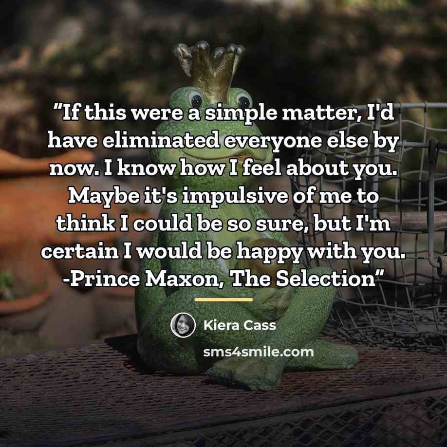 “If this were a simple matter, I'd have eliminated everyone else by now. I know how I feel about you. Maybe it's impulsive of me to think I could be so sure, but I'm certain I would be happy with you. -Prince Maxon, The Selection” quote by Kiera Cass