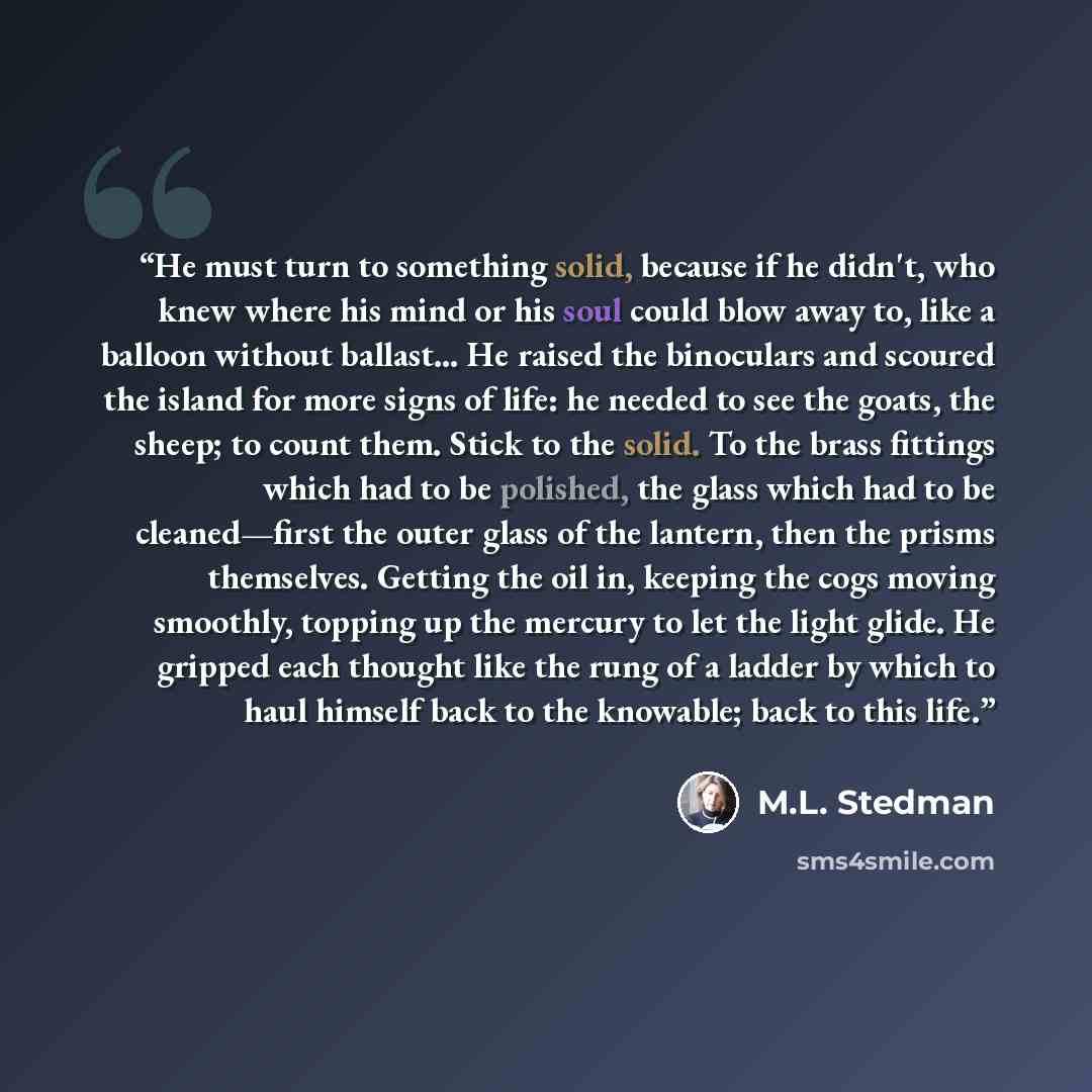 “He must turn to something solid, because if he didn't, who knew where his mind or his soul could blow away to, like a balloon without ballast… He raised the binoculars and scoured the island for more signs of life: he needed to see the goats, the sheep; to count them. Stick to the solid. To the…” quote by M.L. Stedman