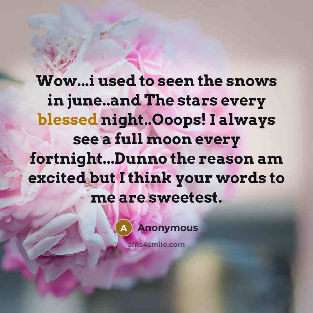 “Wow...i used to seen the snows in june..and The stars every blessed night..Ooops! I always see a full moon every fortnight...Dunno the reason am excited but I think your words to me are sweetest.” quote by Anonymous