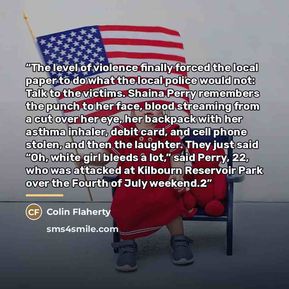 “The level of violence finally forced the local paper to do what the local police would not: Talk to the victims. Shaina Perry remembers the punch to her face, blood streaming from a cut over her eye, her backpack with her asthma inhaler, debit card, and cell phone stolen, and then the laughter…” quote by Colin Flaherty