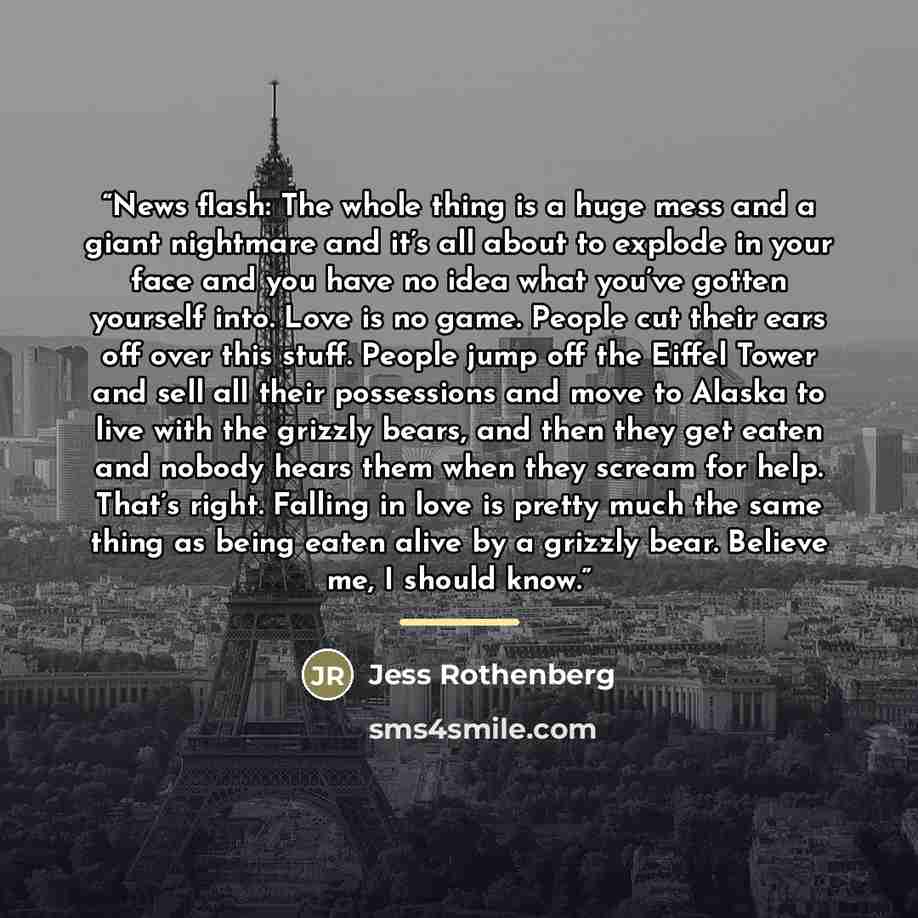 “News flash: The whole thing is a huge mess and a giant nightmare and it’s all about to explode in your face and you have no idea what you’ve gotten yourself into. Love is no game. People cut their ears off over this stuff. People jump off the Eiffel Tower and sell all their possessions and move to…” quote by Jess Rothenberg