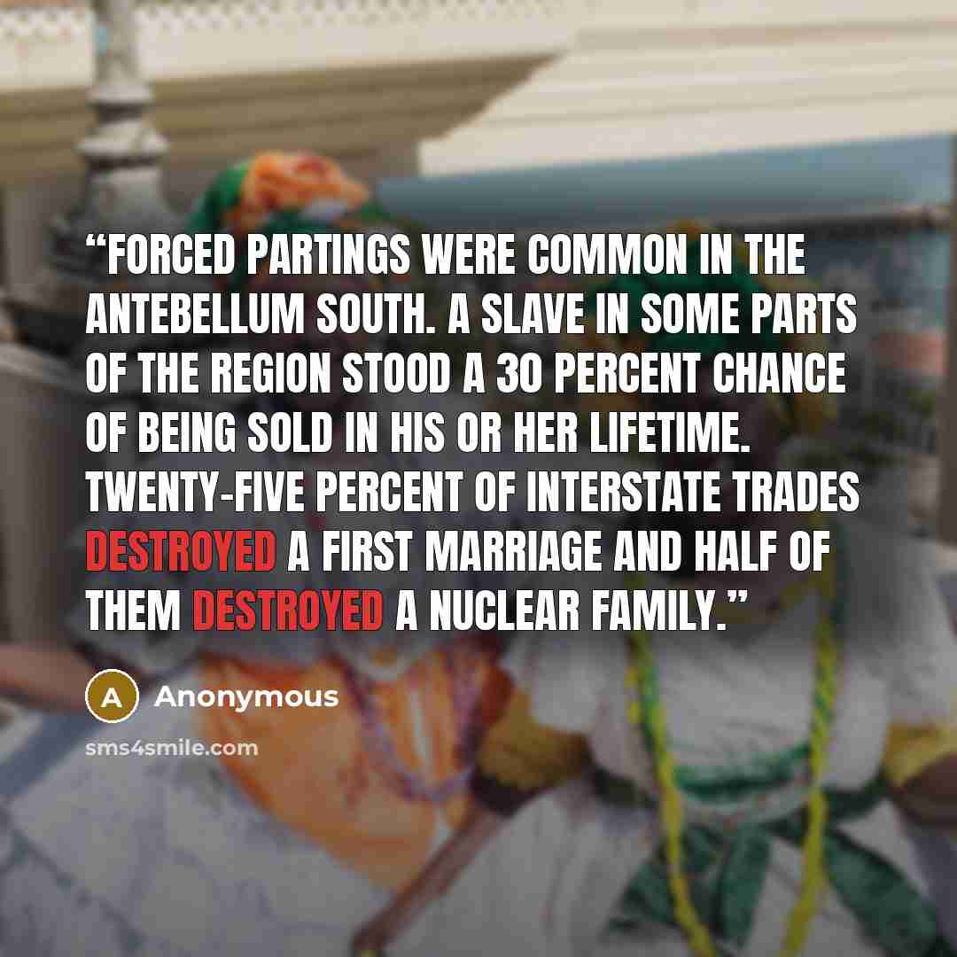 “Forced partings were common in the antebellum South. A slave in some parts of the region stood a 30 percent chance of being sold in his or her lifetime. Twenty-five percent of interstate trades destroyed a first marriage and half of them destroyed a nuclear family.” quote by Anonymous