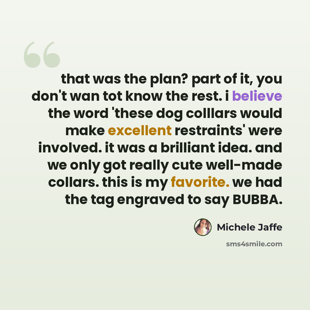 “that was the plan? part of it, you don't wan tot know the rest. i believe the word 'these dog colllars would make excellent restraints' were involved. it was a brilliant idea. and we only got really cute well-made collars. this is my favorite. we had the tag engraved to say BUBBA.” quote by Michele Jaffe