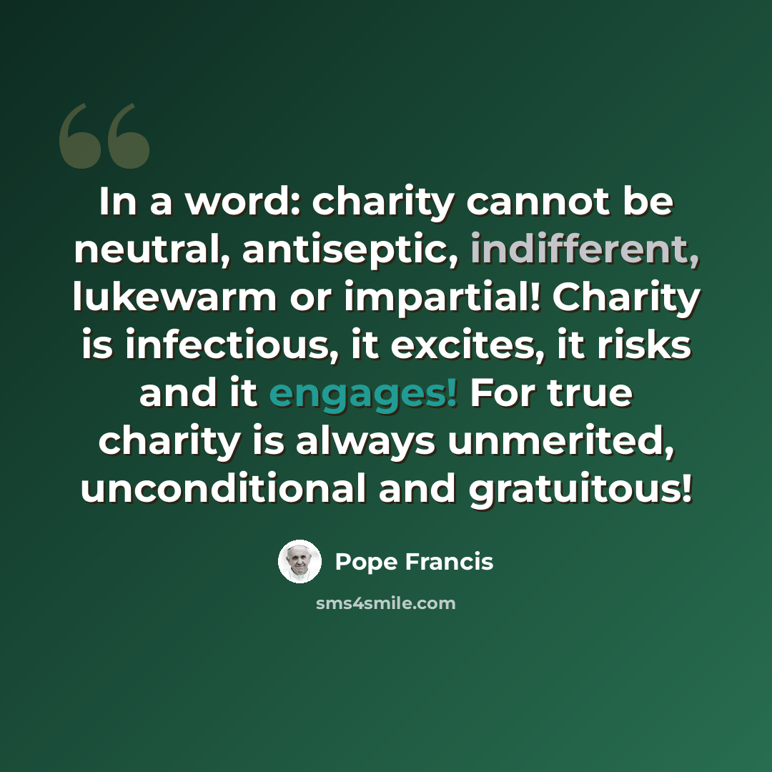 “In a word: charity cannot be neutral, antiseptic, indifferent, lukewarm or impartial! Charity is infectious, it excites, it risks and it engages! For true charity is always unmerited, unconditional and gratuitous!” quote by Pope Francis