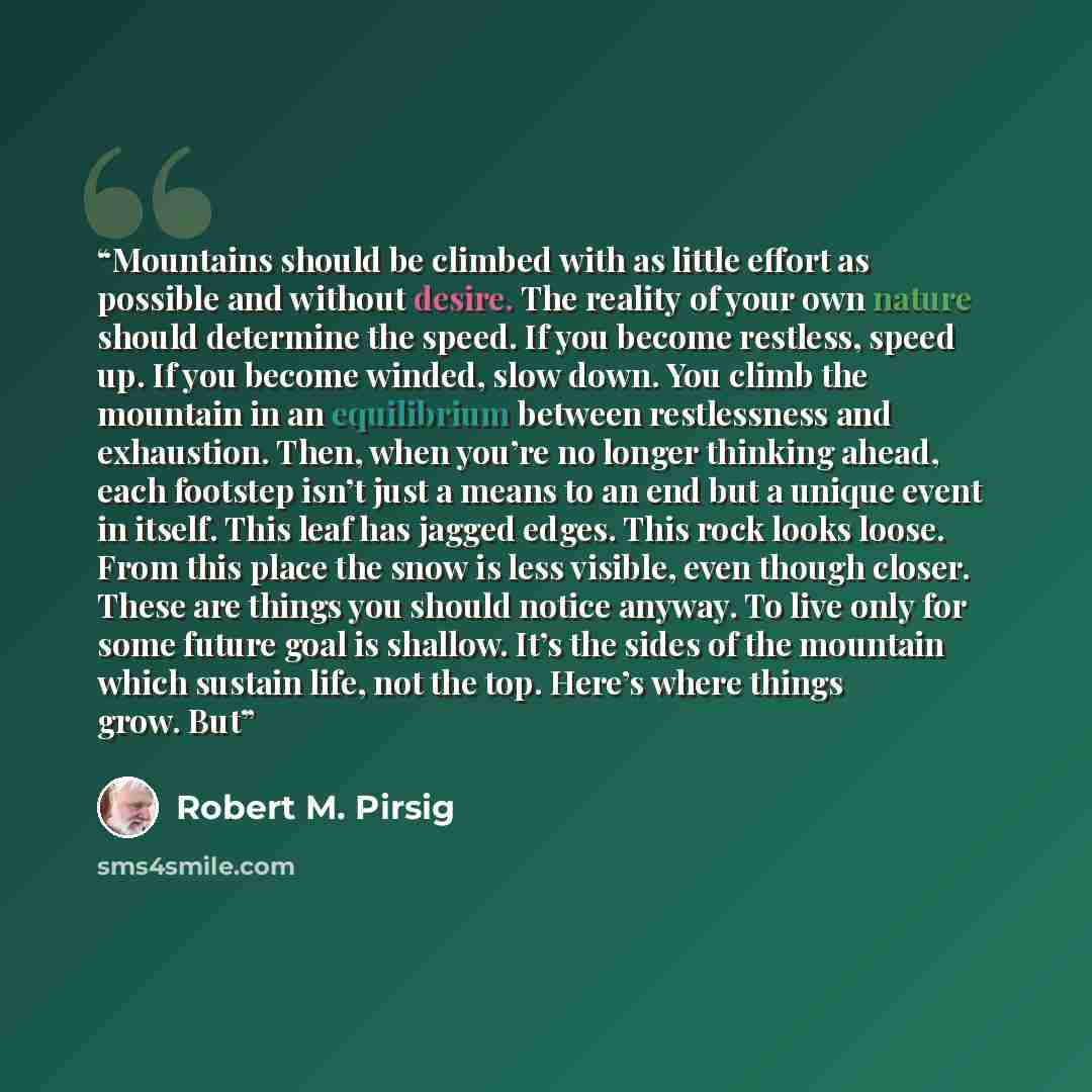 “Mountains should be climbed with as little effort as possible and without desire. The reality of your own nature should determine the speed. If you become restless, speed up. If you become winded, slow down. You climb the mountain in an equilibrium between restlessness and exhaustion. Then, when…” quote by Robert M. Pirsig