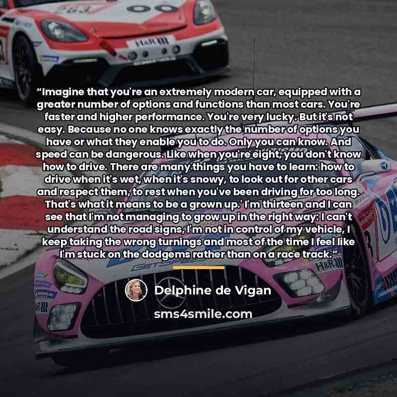 “Imagine that you're an extremely modern car, equipped with a greater number of options and functions than most cars. You're faster and higher performance. You're very lucky. But it's not easy. Because no one knows exactly the number of options you have or what they enable you to do. Only you can…” quote by Delphine de Vigan