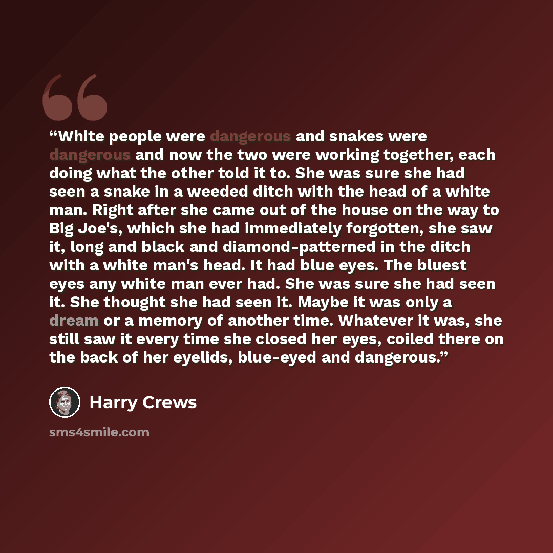 “White people were dangerous and snakes were dangerous and now the two were working together, each doing what the other told it to. She was sure she had seen a snake in a weeded ditch with the head of a white man. Right after she came out of the house on the way to Big Joe's, which she had…” quote by Harry Crews