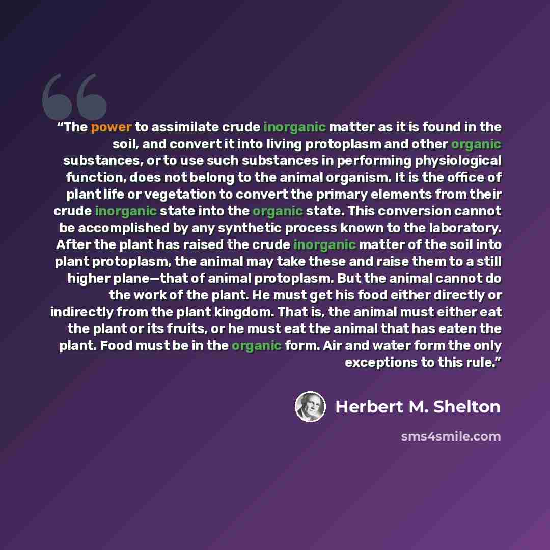 “The power to assimilate crude inorganic matter as it is found in the soil, and convert it into living protoplasm and other organic substances, or to use such substances in performing physiological function, does not belong to the animal organism. It is the office of plant life or vegetation to…” quote by Herbert M. Shelton