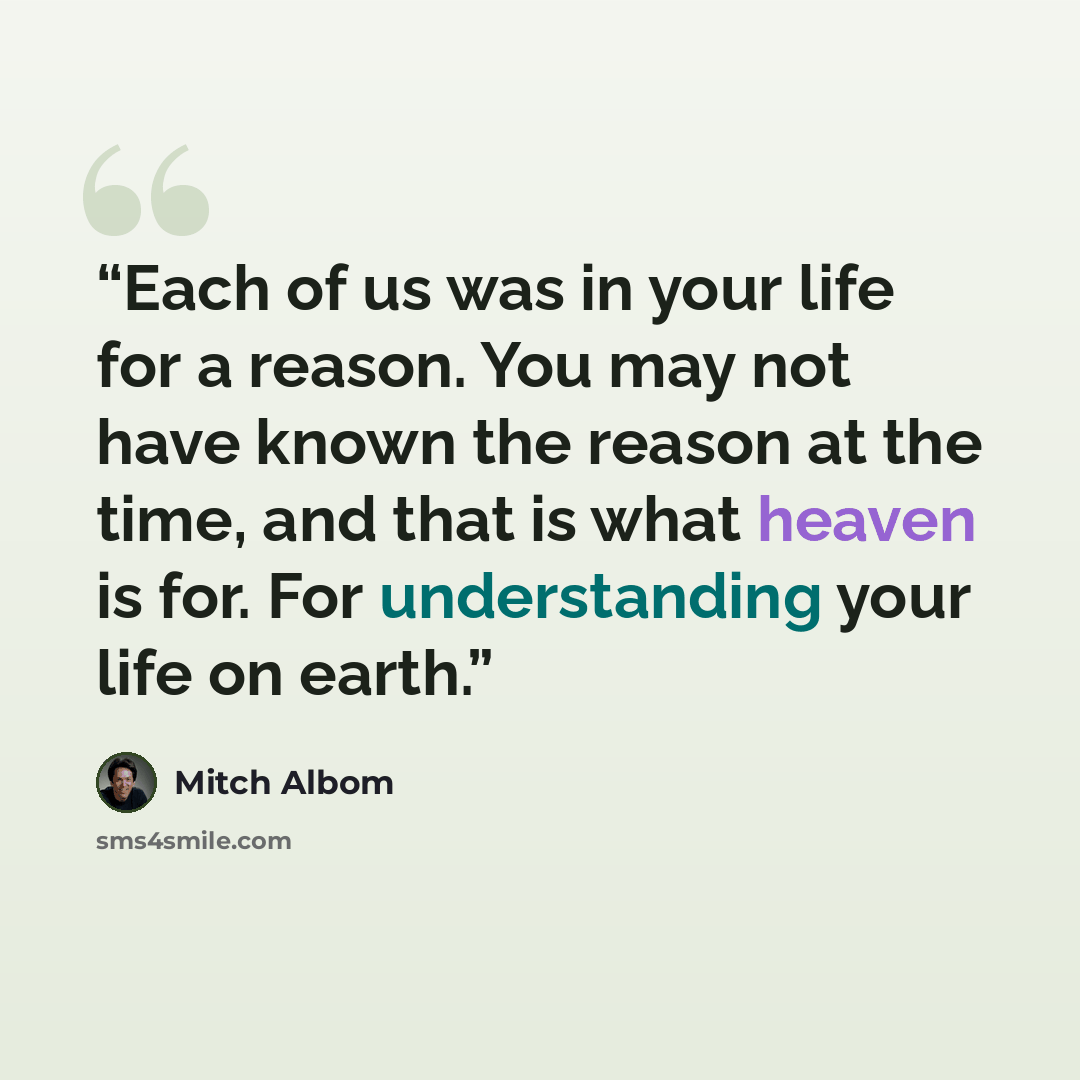 “Each of us was in your life for a reason. You may not have known the reason at the time, and that is what heaven is for. For understanding your life on earth.” quote by Mitch Albom
