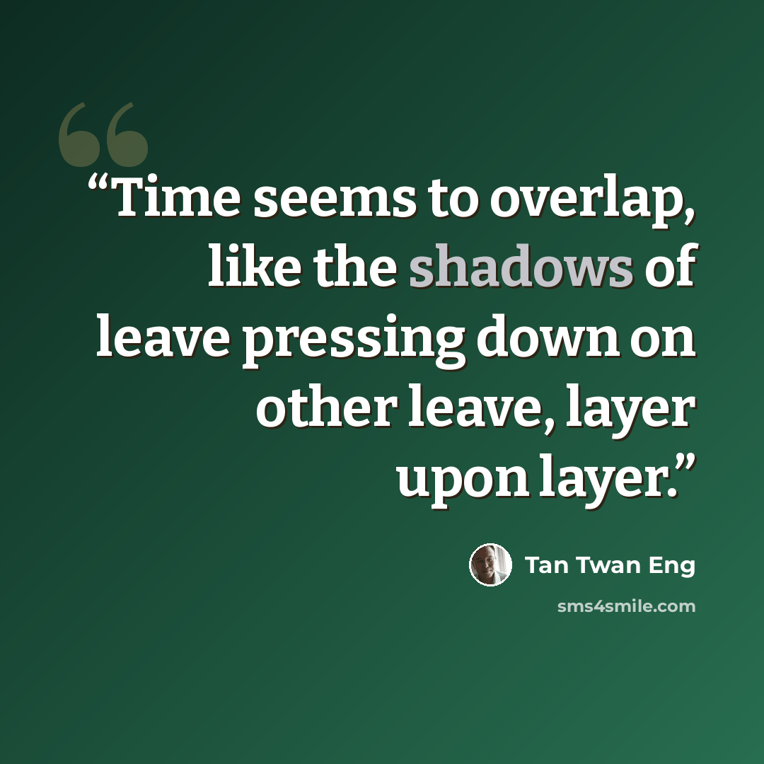 “Time seems to overlap, like the shadows of leave pressing down on other leave, layer upon layer.” quote by Tan Twan Eng