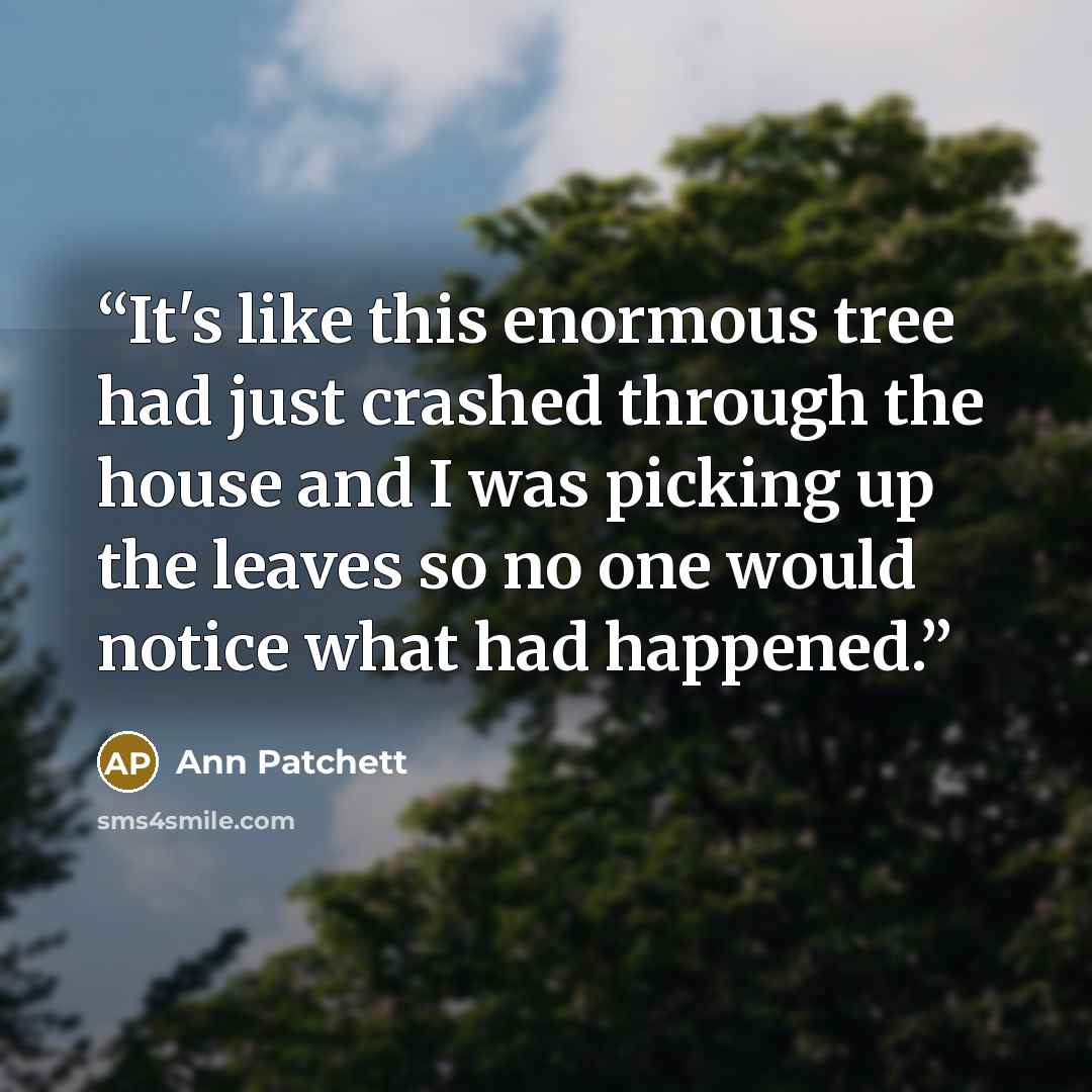 “It's like this enormous tree had just crashed through the house and I was picking up the leaves so no one would notice what had happened.” quote by Ann Patchett
