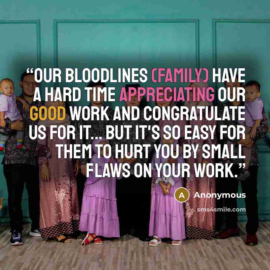 “Our bloodlines (family) have a hard time appreciating our good work and congratulate us for it... But it's so easy for them to hurt you by small flaws on your work.” quote by Anonymous