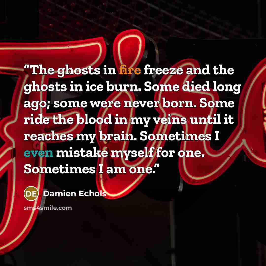 “The ghosts in fire freeze and the ghosts in ice burn. Some died long ago; some were never born. Some ride the blood in my veins until it reaches my brain. Sometimes I even mistake myself for one. Sometimes I am one.” quote by Damien Echols