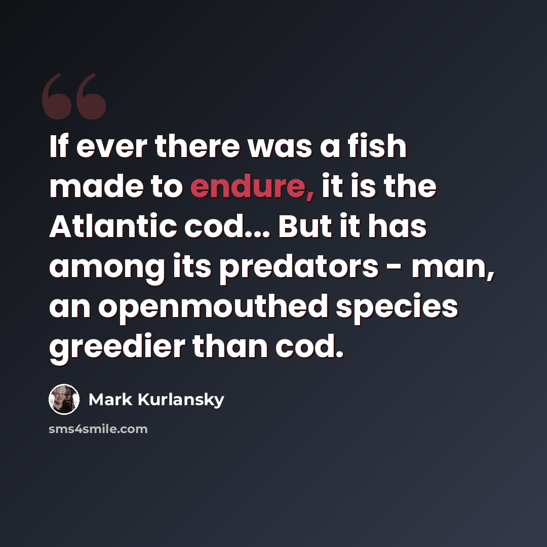 “If ever there was a fish made to endure, it is the Atlantic cod... But it has among its predators - man, an openmouthed species greedier than cod.” quote by Mark Kurlansky