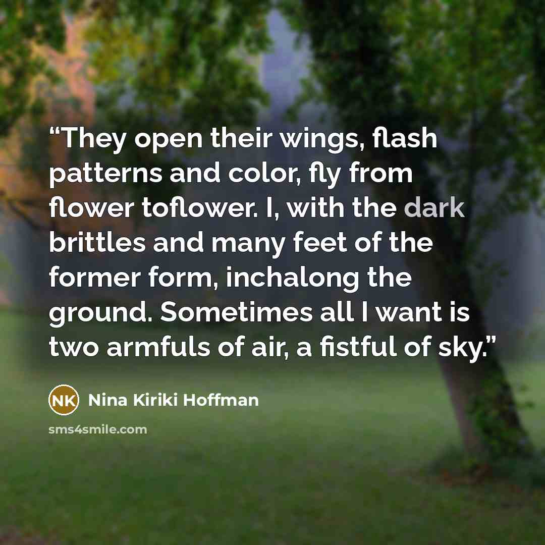 “They open their wings, flash patterns and color, fly from flower toflower. I, with the dark brittles and many feet of the former form, inchalong the ground. Sometimes all I want is two armfuls of air, a fistful of sky.” quote by Nina Kiriki Hoffman