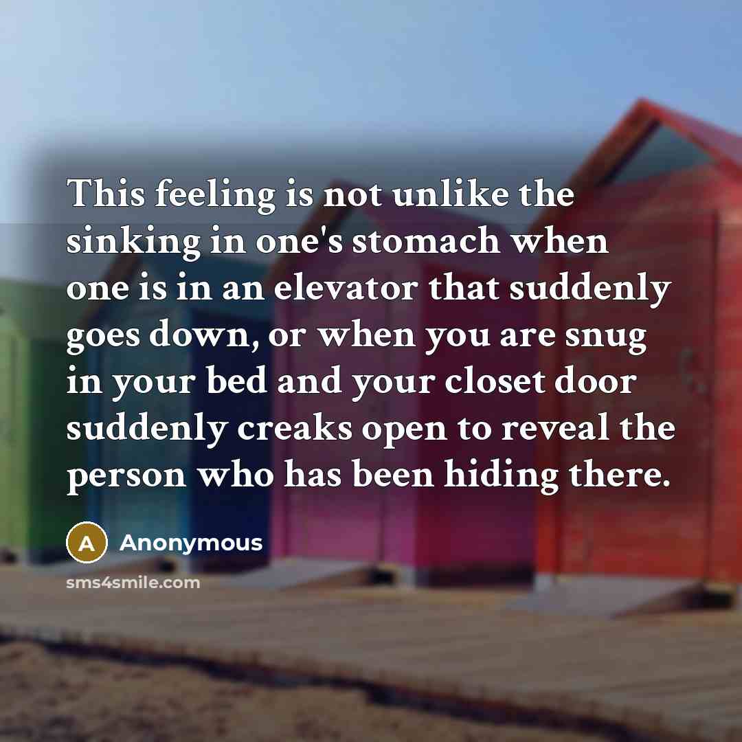 “This feeling is not unlike the sinking in one's stomach when one is in an elevator that suddenly goes down, or when you are snug in your bed and your closet door suddenly creaks open to reveal the person who has been hiding there.” quote by Anonymous