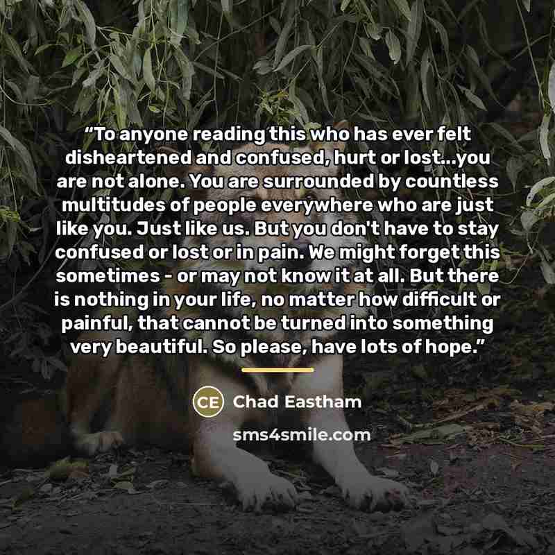 “To anyone reading this who has ever felt disheartened and confused, hurt or lost...you are not alone. You are surrounded by countless multitudes of people everywhere who are just like you. Just like us. But you don't have to stay confused or lost or in pain. We might forget this sometimes - or may…” quote by Chad Eastham
