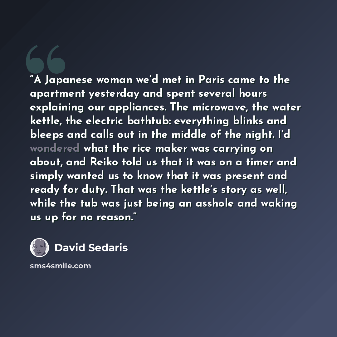 “A Japanese woman we’d met in Paris came to the apartment yesterday and spent several hours explaining our appliances. The microwave, the water kettle, the electric bathtub: everything blinks and bleeps and calls out in the middle of the night. I’d wondered what the rice maker was carrying on…” quote by David Sedaris