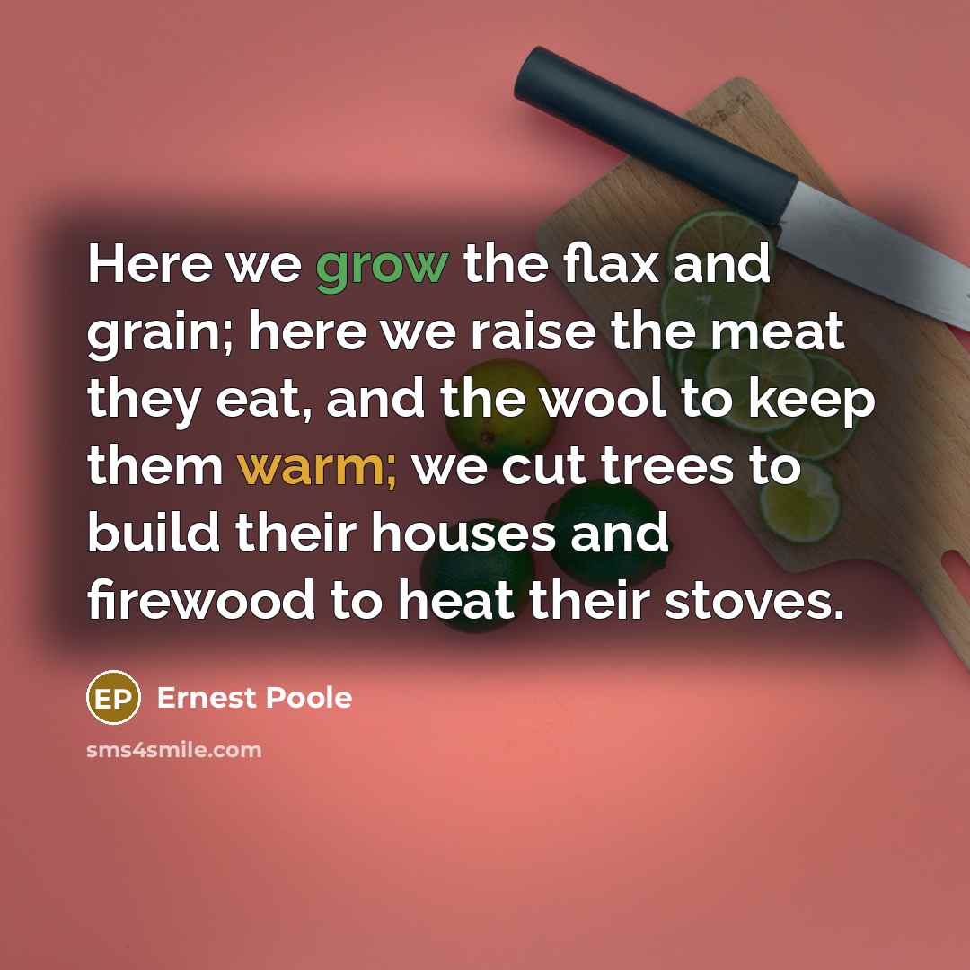“Here we grow the flax and grain; here we raise the meat they eat, and the wool to keep them warm; we cut trees to build their houses and firewood to heat their stoves.” quote by Ernest Poole