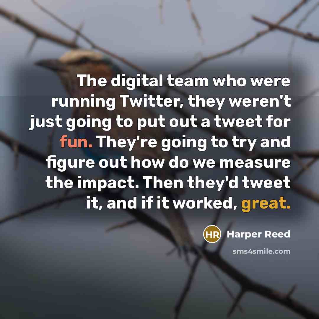 “The digital team who were running Twitter, they weren't just going to put out a tweet for fun. They're going to try and figure out how do we measure the impact. Then they'd tweet it, and if it worked, great.” quote by Harper Reed