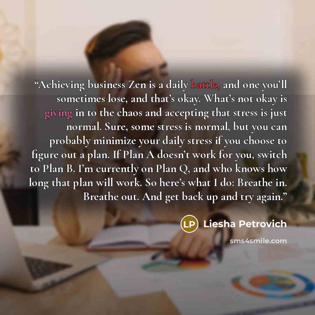 “Achieving business Zen is a daily battle, and one you’ll sometimes lose, and that’s okay. What’s not okay is giving in to the chaos and accepting that stress is just normal. Sure, some stress is normal, but you can probably minimize your daily stress if you choose to figure out a plan. If Plan A…” quote by Liesha Petrovich